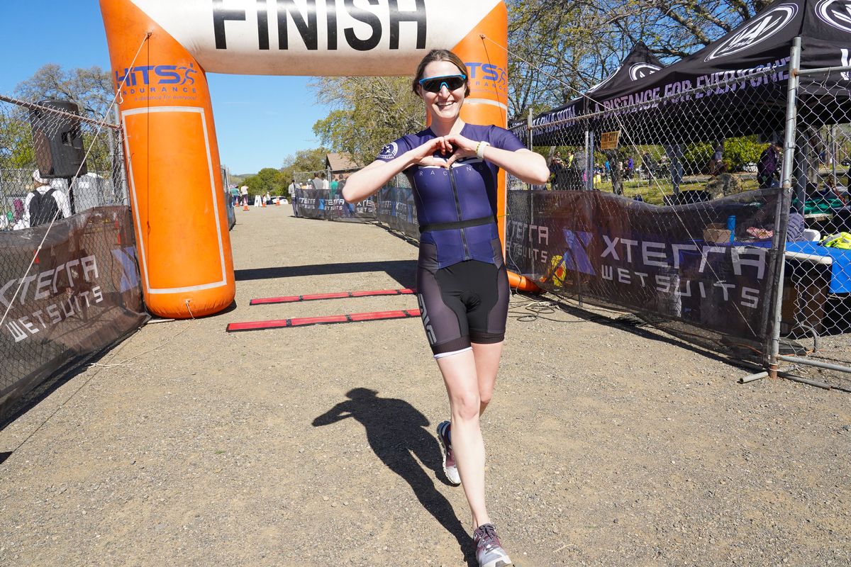 Crossing the finish line at the Napa County Spring Triathlon.