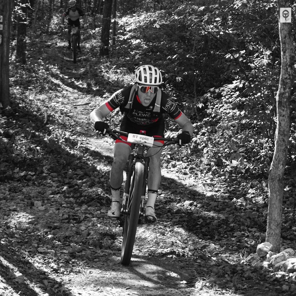 Coming out of the woods to finish my first MTB race. This was BT Epic in Steelville, MO a 50-mile MTB race though some very rocky and rooty single track. It was only my 5th time ever on a MTB, and for a roadie I was happy with how I rode. 
